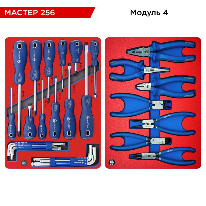 Набор инструментов МАСТЕР 256 в синей тележке МАСТАК 52-05256B (256 предметов)