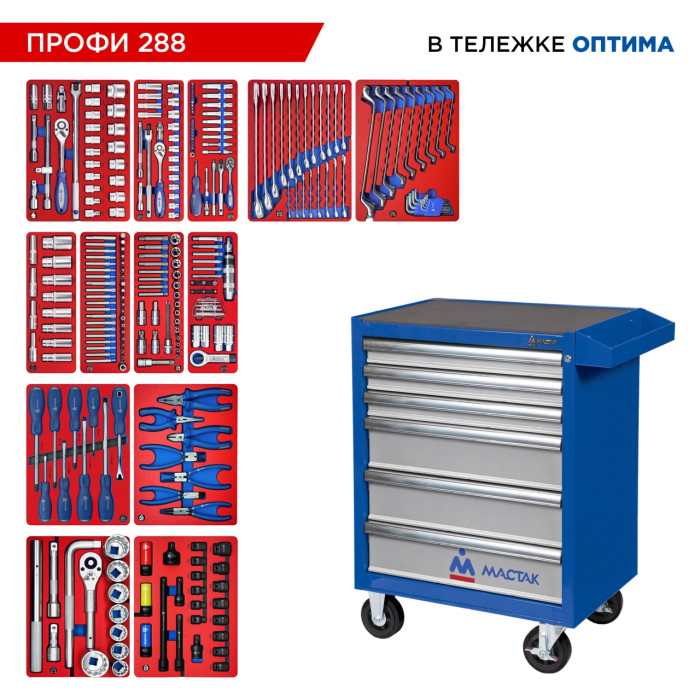 Набор инструментов ПРОФИ 288 в тележке МАСТАК 52-06288 (288 предметов)